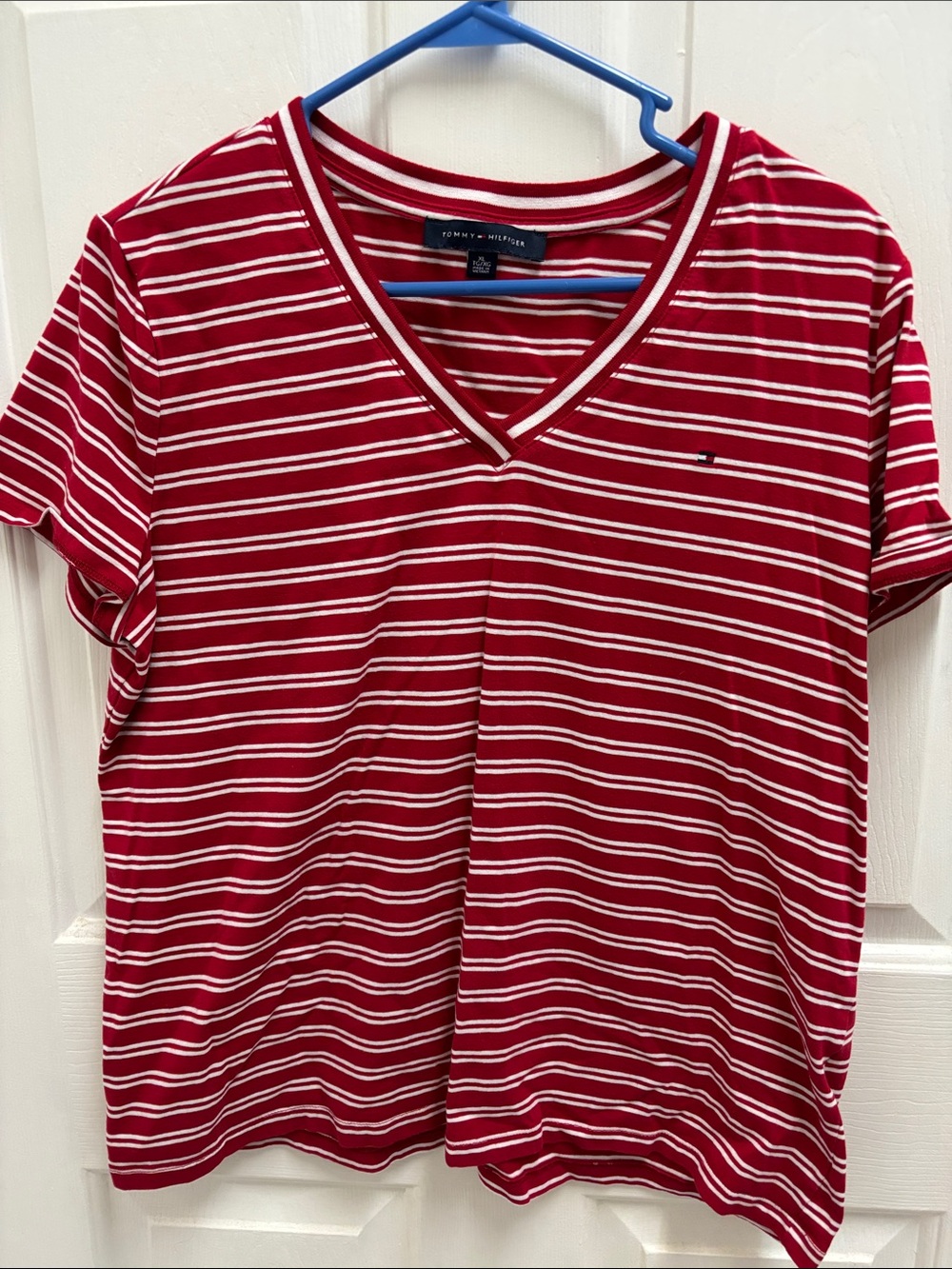 Tommy Hilfiger Red and White Striped V-Neck Tee